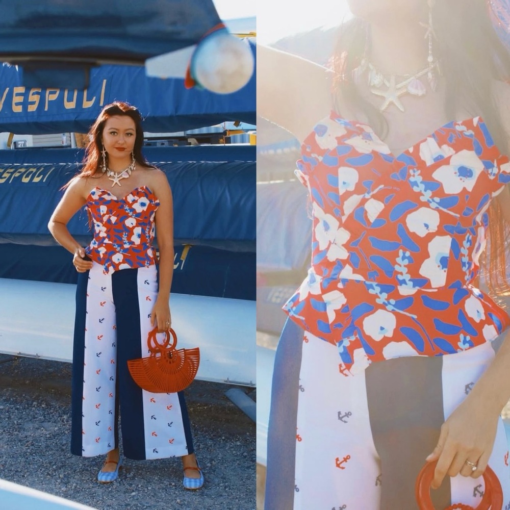 NWT $120 Anthropologie x Hutch Red Motif Strapless Ruffle Side Zip Cotton Top 12